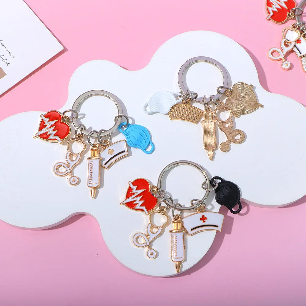 Medical Tool Keychain Doctor Nurse Cap Syringe Heartbeat Stethoscope