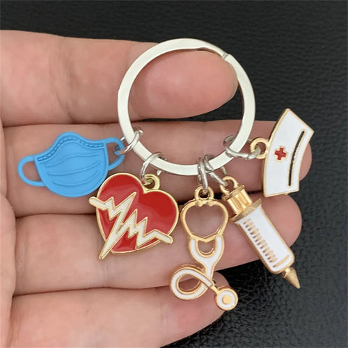 Medical Tool Keychain Doctor Nurse Cap Syringe Heartbeat Stethoscope