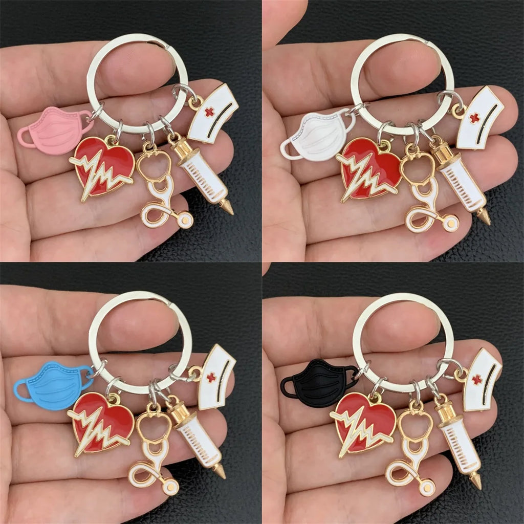 Medical Tool Keychain Doctor Nurse Cap Syringe Heartbeat Stethoscope