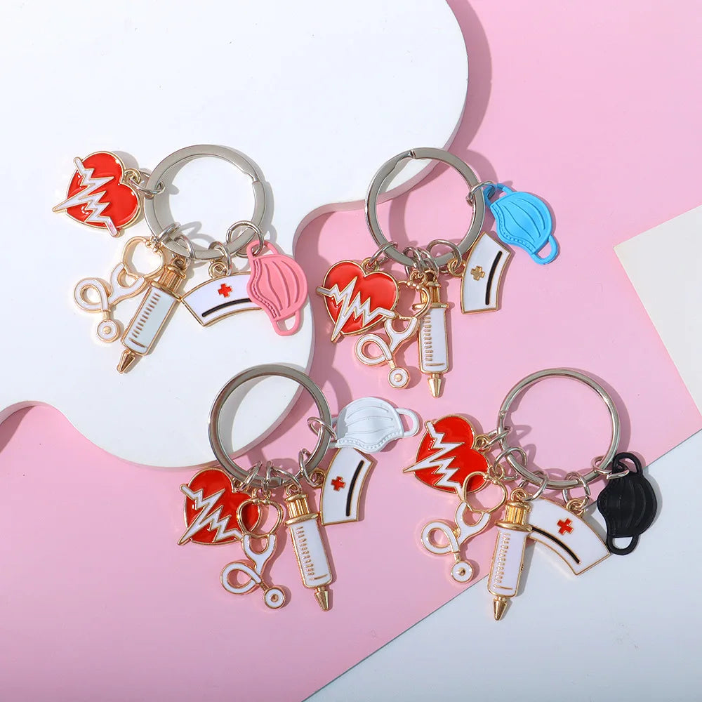 Medical Tool Keychain Doctor Nurse Cap Syringe Heartbeat Stethoscope