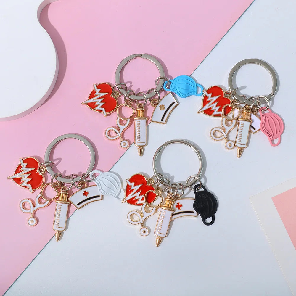 Medical Tool Keychain Doctor Nurse Cap Syringe Heartbeat Stethoscope