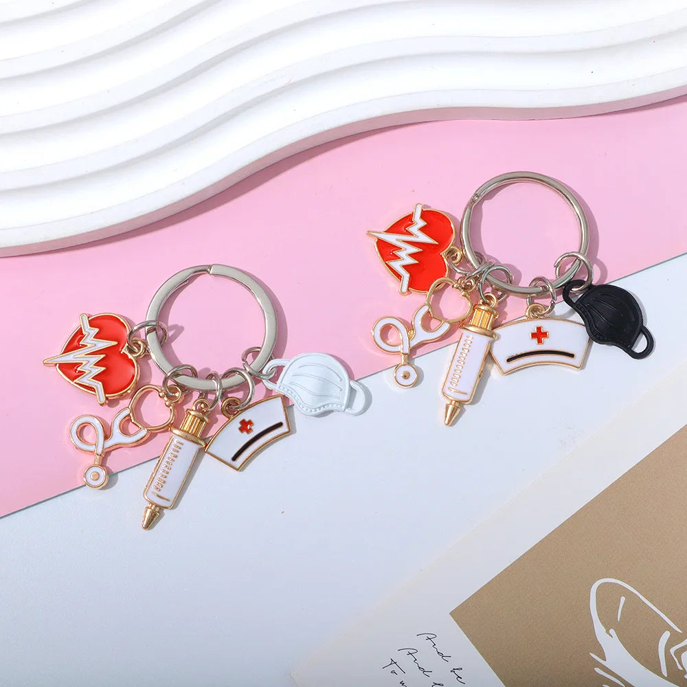 Medical Tool Keychain Doctor Nurse Cap Syringe Heartbeat Stethoscope