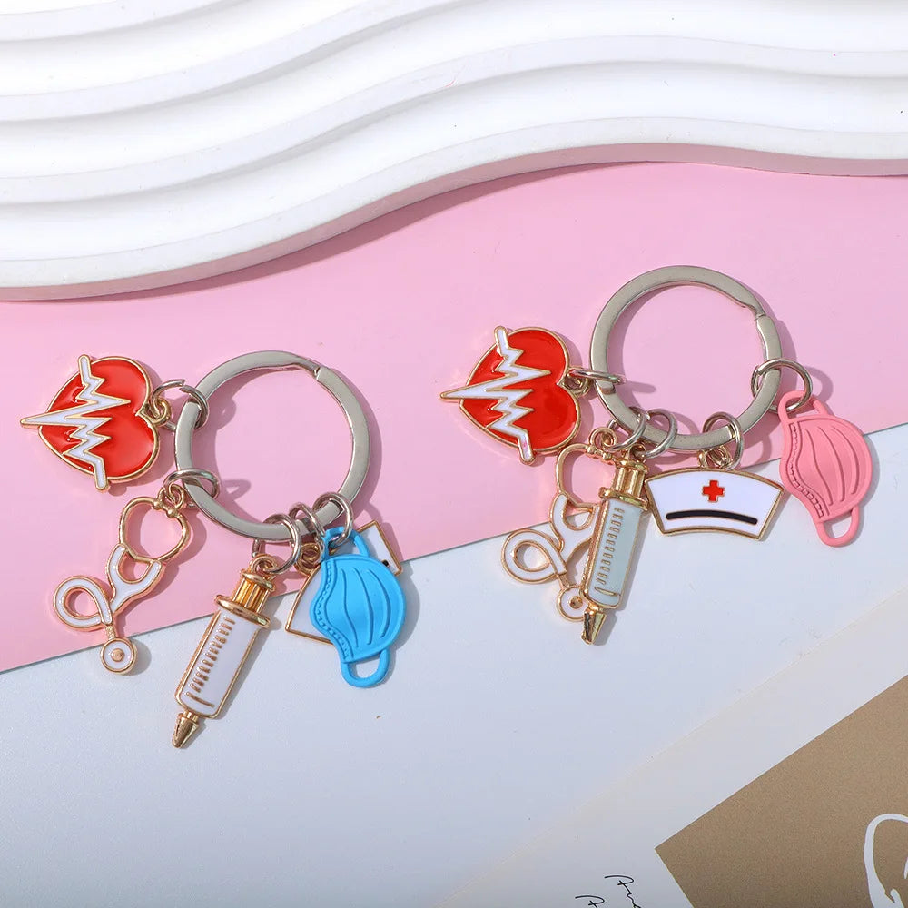 Medical Tool Keychain Doctor Nurse Cap Syringe Heartbeat Stethoscope